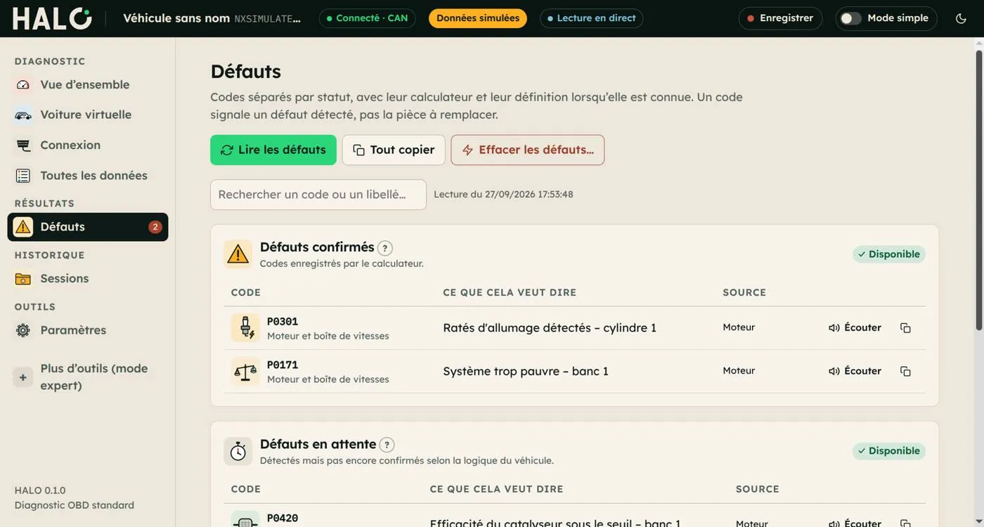 Page Défauts : codes séparés par statut avec leur définition et leur source